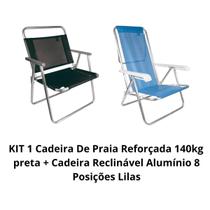 KIT 1 Cadeira De Praia Reforçada 140kg Preta + 1 Cadeira Reclinavel 8 posições Azul