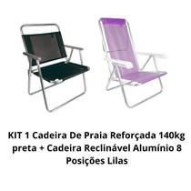 KIT 1 Cadeira De Praia Reforçada 140kg Preta + 1 Cadeira Reclinavel 8 posições LILAS