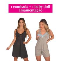 Kit 1 Camisola +1 Baby Doll Pijama Amamentação Rendado Pós Parto para Amamentar Short Dool Luxo Reforçado Sustentação Adulto Camizola Feminina Renda