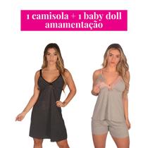 Kit 1 Camisola +1 Baby Doll Pijama Amamentação Rendado Pós Parto para Amamentar Short Dool Luxo Reforçado Sustentação Adulto Camizola Feminina Renda