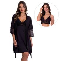 KIT 1 Camisola Amamentação Com Robe Gestante + 1 Sutiã Amamentar Moda de Baixo - V179