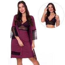 KIT 1 Camisola Amamentação Maternidade Com Robe + 1 Sutiã Pós Parto Estilo Sedutor - V177