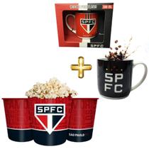 Kit 1 Caneca Preto Porcelana 300ml SPFC + 1 Balde Pipoca Grande 2,5L Time São Paulo Oficial