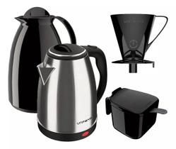 Kit 1 Chaleira Jarra Elétrica 1,8l 1 Garrafa Térmica Inox 1l Cor Florença-preto 220v 1l