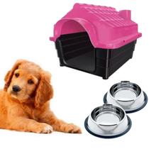Kit 1 Comedouro 1 Bebedouro Antiferrugem + Casa Pet N3 Rosa