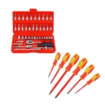 Kit 1 Estojo 46 Peças Soquete Bits Catraca 6 Chaves Isoladas 1000v Philips Fenda
