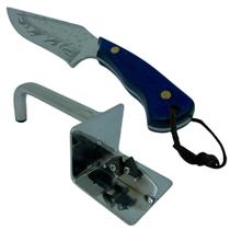 Kit 1 faca FC-01 full tang 22cm artesanal cabo azul + bainha para cinta + afiador em inox sistema de vídia prata