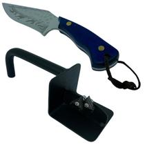 Kit 1 faca FC-01 full tang 22cm artesanal cabo azul + bainha para cinta + afiador em inox sistema de vídia preto