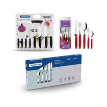 Kit - 1 Faqueiro Vermelho 30 Peças + 1 Conjunto Facas 9pç + 1 Faqueiro Inox 24pç - Tramontina Kit - 1 Faqueiro Vermelho 30 Peças + 1 Conjunto Facas 9pç + 1 Faqueiro Inox 24pç - Tramontina