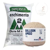 Kit 1 Fio Balloon Amigo - Pingouin + 100 g Enchimento fibra siliconada PET FIBRA - Dois M Têxtil