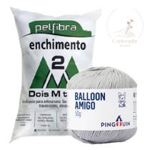 Kit 1 Fio Balloon Amigo - Pingouin + 100 g Enchimento fibra siliconada PET FIBRA - Dois M Têxtil - Pingouin / Dois M Têxtil