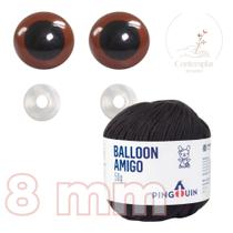Kit 1 Fio Balloon Amigo - Pingouin + Olhos castanhos com trava de segurança 8 mm - Círculo