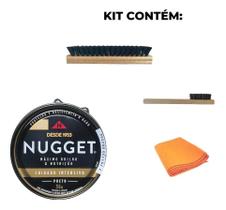 Kit 1 Graxa Nugget Preto 2 Escovas 1 Flanela Polidor Sapato