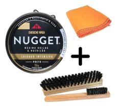 Kit 1 Graxa Nugget Preto 2 Escovas 1 Flanela Polidor Sapato