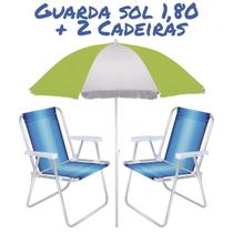 Kit 1 Guarda Sol Gigante 1,80 Metros 2 Cadeiras De Praia Piscina Em Alumínio Reforçada Cores Sortidas