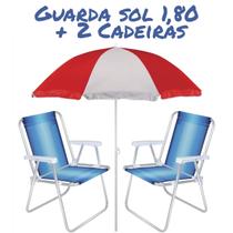 Kit 1 Guarda Sol Gigante 1,80 Metros 2 Cadeiras De Praia Piscina Em Alumínio Reforçada Cores Sortidas