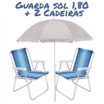 Kit 1 Guarda Sol Gigante 1,80 Metros 2 Cadeiras De Praia Piscina Em Alumínio Reforçada Cores Sortidas