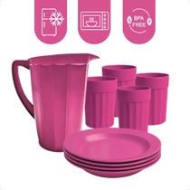 Kit 1 Jarra 1,7L com 4 Copos 350ml e 4 Pratos Plásticos Reutilizáveis Coloridos