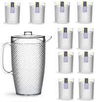 Kit 1 Jarra De 3Litros E 10 Copos Acrílico Resistente Crystal 490 Ml
