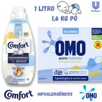 Kit 1 Lava Roupas Pó Omo 1,6kg e 1 Amaciante Comfort Puro Cuidado Roupas Finas de Bebês 1 Litro