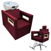 Kit 1 Lavatório Berlin Cuba de Porcelana Branca 1 Poltrona Berlin fixa Estofado Bordô