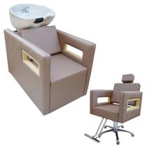 Kit 1 Lavatório Berlin Cuba de Porcelana Branca 1 Poltrona fixa estofado Capuccino