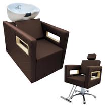Kit 1 Lavatório Berlin Cuba Porcelana Branca 1 Cadeira Berlin fixa Estofado Marrom