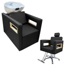 Kit 1 Lavatório Cuba de Porcelana 1 Poltrona fixa Berlin Preto Acetinado