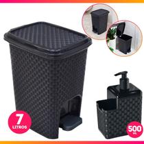 Kit 1 Lixeira Com Pedal Rattan 7 Litros E 1 Dispenser Porta Detergente Esponja Cozinha Banheiro