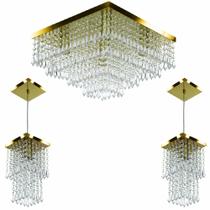 Kit 1 Lustre Cristal Acr Dream + 2 Pendentes Spark Dourado Kit 1 Lustre Cristal Acr Dream + 2 Pendentes Spark Dourado