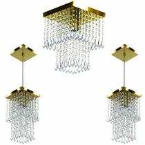Kit 1 Lustre Cristal Acr. Marry + 2 Pendentes Spark Dourado Kit 1 Lustre Cristal Acr. Marry + 2 Pendentes Spark Dourado