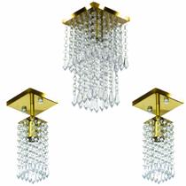 Kit 1 Lustre Cristal Acr. Spark + 2 Lustres Clearcr. Dourado