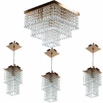 Kit 1 Lustre Cristal Acr. Sweet + 3 Pendentes Spark Cobre Kit 1 Lustre Cristal Acr. Sweet + 3 Pendentes Spark Cobre