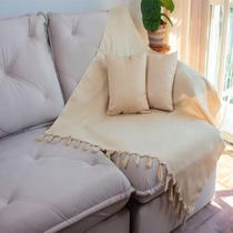 Kit 1 Manta e 2 Capas de Almofada em Tecido Jacquard Falso Liso Bege