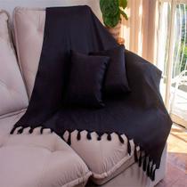 Kit 1 Manta e 2 Capas de Almofada em Tecido Jacquard Falso Liso Preto