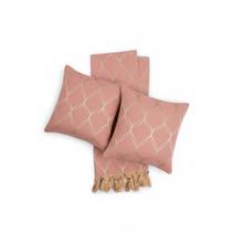 Kit 1 Manta e 2 Capas de Almofada em Tecido Jacquard Losango Rosa Envelhecido e Dourado