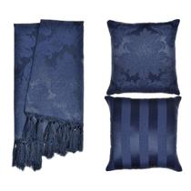 Kit 1 Manta e 2 Capas de Almofada em Tecido Jacquard Tradicional Azul Marinho