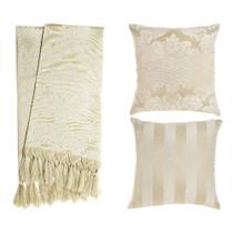 Kit 1 Manta e 2 Capas de Almofada em Tecido Jacquard Tradicional Bege