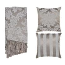 Kit 1 Manta e 2 Capas de Almofada em Tecido Jacquard Tradicional Cinza e Cru
