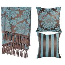 Kit 1 Manta e 2 Capas de Almofada em Tecido Jacquard Tradicional Marrom e Turquesa Kit 1 Manta e 2 Capas de Almofada em Tecido Jacquard Tradicional Marrom e Turquesa