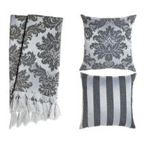 Kit 1 Manta e 2 Capas de Almofada em Tecido Jacquard Tradicional Preto Acinzentado e Prata Kit 1 Manta e 2 Capas de Almofada em Tecido Jacquard Tradicional Preto Acinzentado e Prata