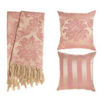 Kit 1 Manta e 2 Capas de Almofada em Tecido Jacquard Tradicional Rosa Envelhecido e Dourado Kit 1 Manta e 2 Capas de Almofada em Tecido Jacquard Tradicional Rosa Envelhecido e Dourado
