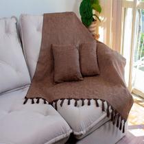 Kit 1 Manta e 4 Capas de Almofada em Tecido Jacquard Falso Liso Marrom e Bege