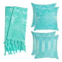Kit 1 Manta e 4 Capas de Almofada em Tecido Jacquard Tradicional Azul Tiffany