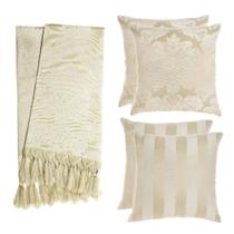 Kit 1 Manta e 4 Capas de Almofada em Tecido Jacquard Tradicional Bege