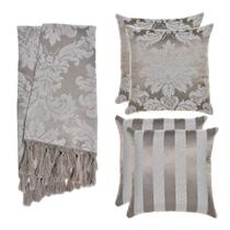 Kit 1 Manta e 4 Capas de Almofada em Tecido Jacquard Tradicional Cinza e Cru