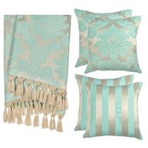 Kit 1 Manta e 4 Capas de Almofada em Tecido Jacquard Tradicional Dourado e Turquesa