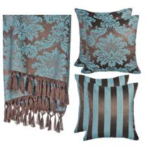 Kit 1 Manta e 4 Capas de Almofada em Tecido Jacquard Tradicional Marrom e Turquesa