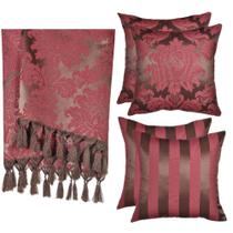 Kit 1 Manta e 4 Capas de Almofada em Tecido Jacquard Tradicional Marrom e Vermelho