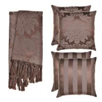 Kit 1 Manta e 4 Capas de Almofada em Tecido Jacquard Tradicional Marrom